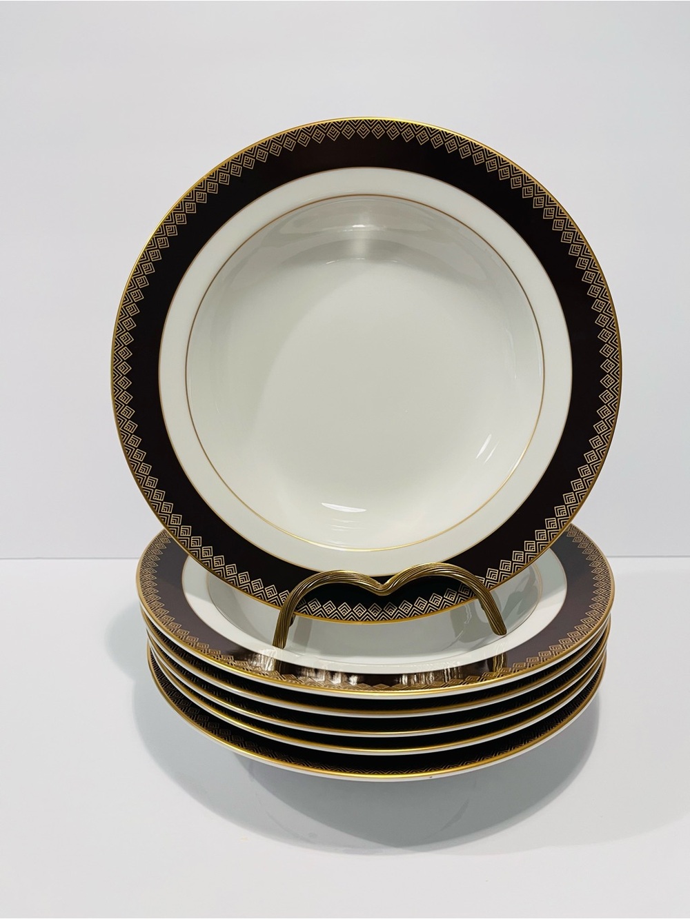 Ralph Lauren Hastings Chocolate Brown & Gold Porcelain Rim Soup Bowl 8.5”